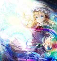  1girl blonde_hair blue_eyes blush bow bowtie closed_mouth collared_dress commentary_request contrast_collar dress frilled_dress frills hat highres long_hair long_sleeves maribel_hearn mob_cap purple_dress reaching reaching_towards_viewer red_bow red_bowtie sash smile solo star_(sky) star_(symbol) touhou uwazumi white_bow white_hat white_sash 