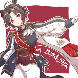  ahoge animal_ears black_jacket blush brooch brown_hair cape closed_mouth commentary_request ear_flower ear_ornament epaulettes flower flower_brooch four-pointed_star gloves gradient_hair highres horse_ears horse_girl jacket jewelry long_sleeves looking_at_viewer multicolored_hair panch4989new pants print_sash red_hair red_sash rose_kingdom_(racing)_(umamusume) rose_kingdom_(umamusume) sash short_hair single_epaulette two-tone_hair umamusume vertical-striped_sleeves white_cape white_gloves white_pants 