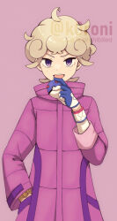  1boy :d ahoge bede_(pokemon) blonde_hair coat commentary_request curly_hair dynamax_band gloves great_ball hand_in_pocket holding holding_poke_ball koroni_(nkrgs) male_focus open_mouth poke_ball pokemon pokemon_sword_and_shield purple_coat short_hair simple_background smile solo teeth twitter_username upper_teeth_only violet_eyes watch watch watermark 