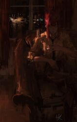  1girl absurdres armchair black_necktie chainsaw_man chair cigarette cityscape closed_eyes collared_shirt commentary curtains english_commentary facing_viewer highres indoors makima_(chainsaw_man) necktie night painterly re_gulus red_hair shirt signature smoking solo white_shirt window 