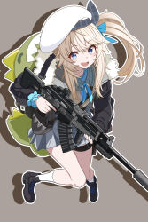  1girl :d absurdres bare_legs beret black_jacket blue_bow blue_neckerchief bow full_body fur-trimmed_jacket fur_trim girls'_frontline_2:_exilium girls_frontline gun hair_between_eyes hair_bow happy hat hat_ribbon highres holding holding_gun holding_weapon jacket long_hair looking_at_viewer looking_up miniskirt mr._pizza_(girls'_frontline_2) neckerchief open_clothes open_jacket plaid_ribbon pleated_skirt ribbon shirt shotgun side_ponytail skirt smile solo standing standing_on_one_leg vepley_(girls'_frontline_2) vest weapon white_hat white_shirt wide-eyed yukari_(mzzu7342) 