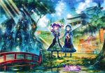  3girls arm_up asymmetrical_wings bell bishamonten&#039;s_pagoda black_dress blue_eyes blue_hair blue_sky bridge clouds coat darkness dress flower futatsuiwa_mamizou hat highres hijiri_byakuren hood houjuu_nue karakasa_obake kumoi_ichirin lake layered_dress multiple_girls outstretched_arms purple_hair pyonta raccoon_tail rumia scan shikieiki_yamaxanadu shrine sky smile staff statue tail tatara_kogasa tatara_kogasa_(umbrella) touhou tree ufo umbrella unzan violet_eyes white_dress wings zounose 