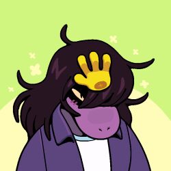 1girl animated animated_gif blush colored_sclera deltarune discount-supervillain disembodied_hand disembodied_limb furry furry_female green_background headpat long_hair purple_fur purple_hair purple_jacket reptile_girl shirt susie_(deltarune) tomboy upper_body utdr_(toby_fox) yellow_sclera