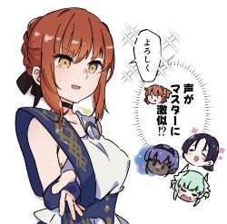  5girls ancient_greek_clothes black_choker black_hair black_ribbon blue_gloves blush chibi choker closed_eyes commentary dark-skinned_female dark_skin dragon_horns fate/grand_order fate/strange_fake fate_(series) fingerless_gloves fujimaru_ritsuka_(female) gloves greco-roman_clothes green_hair hair_ribbon hassan_of_serenity_(fate) highres hippolyta_(fate) horns kiyohime_(fate) kouta_(kesigomutopen) long_hair minamoto_no_raikou_(fate) multiple_girls orange_hair purple_hair ribbon sekine_akira short_hair side_ponytail simple_background speech_bubble translation_request violet_eyes voice_actor_connection white_background white_horns yellow_eyes 