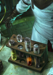 1boy ambiguous_gender black_gloves blondynkitezgraja bottle brown_gloves coat cork flask glass gloves head_out_of_frame highres indoors jar lab_coat liquid long_sleeves male_focus original reflection solo standing table test_tube tube vial white_coat wooden_floor 