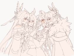  10th83_07 bare_shoulders blush bonnet bow bowtie clockwork coat columbina_(genshin_impact) detached_collar detached_sleeves dress eye_mask fatui_coat fur-trimmed_coat fur_trim genshin_impact hair_ornament hand_on_another's_head head_wings highres long_hair long_sleeves mask multiple_girls multiple_wings open_mouth sandrone_(genshin_impact) short_hair_with_long_locks simple_background upper_body very_long_hair wing_hair_ornament wings 