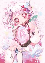 +_+ 1girl 8kerot aqua_skirt arm_warmers asymmetrical_legwear cherry cherry_hair_ornament crystal food food-themed_hair_ornament fruit fruit_hair_ornament gloves hair_ornament highres holding holding_mirror looking_at_viewer magical_girl mahou_shoujo_ikusei_keikaku mahou_shoujo_ikusei_keikaku_jokers midriff mirror multicolored_hair navel prism_cherry see-through_clothes short_hair single_arm_warmer skirt solo sparkling_eyes symbol-shaped_pupils tiara uneven_legwear white_arm_warmers white_hair 