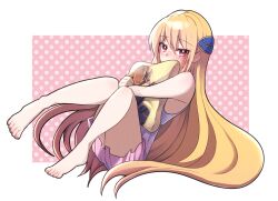  1girl alternate_costume bare_legs barefoot blonde_hair blush character_print commentary_request covering_own_mouth curvy double-parted_bangs dress dutch_angle eyelashes eyes_visible_through_hair feet full_body hair_between_eyes hair_spread_out heaven_burns_red highres hugging_object kayamori_ruka knees_together_feet_apart knees_up long_hair looking_at_viewer nose_blush pillow pillow_hug pink_background pink_dress pink_eyes pleated_dress polka_dot polka_dot_background print_pillow puyopiku shirakawa_yuina short_dress shy simple_background sitting sleeveless sleeveless_dress solo sweatdrop thighs toes two-tone_background very_long_hair white_background 
