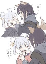  2girls absurdres animal_ears black_hair blue_eyes blue_hoodie blue_kimono blush cho_kaguya-hime! fox_ears green_eyes hair_ornament hair_rings hair_stick hamu_(hamusand) highres hood hoodie japanese_clothes kimono long_hair multiple_girls open_mouth runami_yachiyo runami_yachiyo_(chibi) sakayori_iroha smile twintails white_background white_hair yuri 
