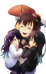  3girls akatsuki_(kantai_collection) black_hair brown_hair drooling fumizuki_(kantai_collection) highres kantai_collection ky_(kurokky709) long_hair multiple_girls personification ponytail purple_hair school_uniform serafuku sleeping yamato_(kantai_collection) 