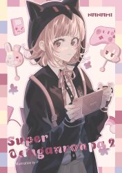  1girl animal_bag bag breasts brown_hair brown_skirt cat_bag collared_shirt controller copyright_name danganronpa_(series) danganronpa_2:_goodbye_despair flipped_hair game_controller hair_ornament handheld_game_console holding holding_handheld_game_console hood hood_up jacket long_sleeves looking_at_viewer medium_hair nanami_chiaki neck_ribbon open_clothes open_jacket p_(pkochan) pink_bag pink_eyes pink_ribbon pleated_skirt ribbon shirt shirt_tucked_in skirt smile solo two-tone_shirt white_shirt 