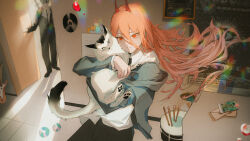  1boy 1girl absurdres animal black_hair black_necktie black_pants black_shoes blonde_hair blood cat cd chainsaw_man collared_shirt demon_horns door drum drumsticks fangs guitar hair_between_eyes hayakawa_aki highres holding holding_animal holding_cat horns instrument ivdimension jacket katana letter long_hair looking_at_viewer necktie opening_door pants poster_(object) power_(chainsaw_man) red_horns shadow shirt shoes sticky_note suit suit_jacket suit_pants sunlight sword sword_on_back weapon weapon_on_back white_cat white_shirt yellow_eyes 