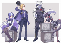  2boys 2girls absurdres ahoge animal_ears ascot bicep_strap black_gloves black_hair black_nails black_shoes blonde_hair body_fur border bow bowtie breasts bug butterfly closed_mouth colored_inner_hair commentary_request drill_hair drill_sidelocks ellen_joe fingerless_gloves fins fish_tail furry furry_male gem gloves grey_background hair_between_eyes hair_ornament hairband hat heterochromia highres holding holding_unworn_clothes holding_unworn_hat hugo_vlad jacket jewelry large_tail leaning_forward long_hair long_sleeves maid maid_headdress metal_hairband mole mole_on_arm mole_under_eye multicolored_hair multiple_boys multiple_girls necktie one_eye_closed pants pantyhose pointy_ears prosthesis prosthetic_leg purple_ascot purple_bow purple_bowtie purple_butterfly purple_gem purple_hair purple_shirt razor_blade_hair_ornament red_eyes red_hair scar scar_on_tail shark_girl shark_tail shirt shoes short_hair shrug_(clothing) sideboob_cutout sidelocks sitting smile spiked_headband streaked_hair tail television tobanjan_janjan two-tone_hair unworn_hat unworn_headwear vivian_banshee von_lycaon white_border white_fur white_hair white_shrug wolf_boy wolf_ears wolf_tail zenless_zone_zero 