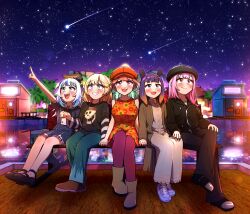  5girls :d absurdres alternate_costume aqua_hair bare_arms bare_legs bench beret black_hat black_nails black_pants black_shoes blonde_hair blue_eyes blue_hair blue_pants blush boots breasts casual commentary ddolbang dress english_commentary falling_star gawr_gura grin hand_on_own_knee hat highres holding_hands hololive hololive_english holomyth interlocked_fingers large_breasts long_hair long_sleeves mini_hat mole mole_under_eye mori_calliope multicolored_hair multiple_girls nail_polish night ninomae_ina'nis open_mouth orange_dress orange_hair orange_hat outdoors pants pink_hair pointing pointy_ears purple_hair red_eyes sharp_teeth shoes short_hair short_sleeves sitting sky sleeveless sleeveless_dress smile star_(sky) starry_sky streaked_hair striped_sleeves takanashi_kiara teeth tilted_headwear tomodachi_life tomodachi_life:_living_the_dream two-tone_hair upper_teeth_only violet_eyes virtual_youtuber watson_amelia white_hair 