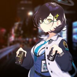  1girl baccasho black_hair blue_archive blue_necktie blurry blurry_background can canned_coffee chihiro_(blue_archive) collared_shirt commentary_request drink_can glasses green_eyes hair_ornament halo holding holding_can lanyard necktie semi-rimless_eyewear shirt short_hair solo white_shirt 