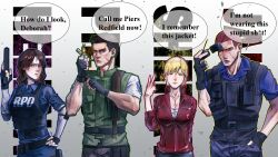  2boys 2girls absurdres adjusting_eyewear black_gloves black_vest blonde_hair blue_shirt brown_hair buzz_cut character_name character_request collared_shirt english_text fingerless_gloves gloves gun handgun helena_harper highres holding holding_gun holding_lighter holding_weapon imagine_(imagine7243618) jacket lighter long_hair looking_at_viewer multiple_boys multiple_girls piers_nivans police police_uniform red_jacket resident_evil resident_evil_6 shirt short_hair sunglasses upper_body v very_short_hair vest walkie-talkie wavy_hair weapon 