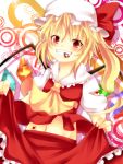  blonde_hair blush hat heart huleito looking_at_viewer midriff navel red_eyes remilia_scarlet side_ponytail skirt skirt_lift smile torn_clothes touhou 