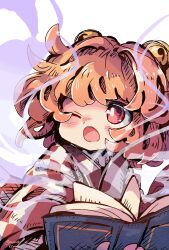  1girl ;o bell book checkered_clothes checkered_kimono commentary hair_bell hair_ornament highres holding holding_book japanese_clothes jingle_bell kimono mame_komari motoori_kosuzu one-hour_drawing_challenge one_eye_closed open_book open_mouth orange_hair red_eyes red_kimono short_hair simple_background smoke solo touhou twitter_username upper_body white_background white_kimono 