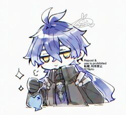  1boy ahoge animal antenna_hair black_capelet black_coat black_gloves blue_hair breath capelet chibi coat collared_capelet commentary crossed_bangs diamond_(shape) fish flins_(genshin_impact) gem genshin_impact gloves gradient_hair hair_between_eyes hair_intakes holding holding_animal holding_fish long_hair long_sleeves looking_at_viewer lowres male_focus multicolored_hair naho_(pi988y) purple_gem purple_shirt shirt signature sleeve_cuffs smile solo twitter_username untranslatable_commentary upper_body white_background yellow_eyes 