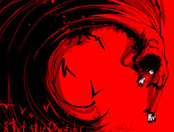 1boy all_fours alucard_(hellsing) blood blood_on_clothes capelet coat commentary_request crawling cross from_above frown full_body hellsing highres male_focus red_theme signature simple_bat solo toshimichi_yukari 
