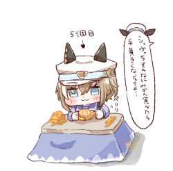  1girl :3 animal_ears arrow_(symbol) blue_eyes blush brown_hair cheval_grand_(umamusume) chibi chibi_only closed_mouth commentary_request double-parted_bangs ears_through_headwear food fruit hair_between_eyes hat horse_ears horse_girl kotatsu long_sleeves mandarin_orange purple_sailor_collar purple_serafuku purple_shirt sailor_collar school_uniform serafuku shirt short_hair simple_background solo speech_bubble table tracen_school_uniform translation_request umamusume white_background white_hat yuzuki_momori 