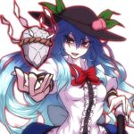  1girl blue_hair bow floating_rock food fruit hat hinanawi_tenshi long_hair looking_at_viewer miata_(pixiv) open_mouth peach puffy_short_sleeves puffy_sleeves red_eyes rope shaded_face shimenawa shirt short_sleeves skirt smile solo touhou very_long_hair 