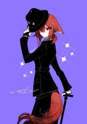  1girl adjusting_clothes adjusting_headwear alternate_costume animal_ear_piercing arknights black_gloves black_hat black_jacket black_pants cane commentary_request cowboy_shot crownslayer_(arknights) diamond-shaped_pupils diamond_(shape) fingerless_gloves floppy_ears glint gloves hair_over_one_eye hat highres holding holding_cane hyena_ears hyena_girl hyena_tail jacket long_sleeves looking_at_viewer one_eye_covered pants ponytail purple_background red_eyes red_hair shadow71580825 short_hair short_ponytail simple_background solo symbol-shaped_pupils 