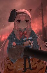  1girl bow bowtie breasts chinese_commentary closed_mouth clouds cloudy_sky collared_shirt commentary_request fire gun hata_no_kokoro holding holding_gun holding_weapon iamszc juliet_sleeves long_hair long_sleeves looking_at_viewer mask mask_on_head medium_breasts orange_skirt outdoors pink_eyes pink_hair plaid_clothes plaid_shirt puffy_sleeves red_bow red_bowtie shirt skirt skirt_cutout sky solo textless_version touhou very_long_hair weapon weapon_request 