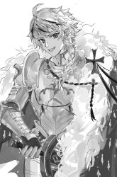  1boy ahoge armor braid braided_ponytail bujianxishou cape fate/grand_order fate_(series) greyscale highres holding holding_sword holding_weapon long_hair looking_at_viewer male_focus monochrome multicolored_hair open_mouth richard_i_(fate) simple_background single_braid smile solo sword upper_body weapon white_background 