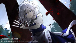  1girl apron back_bow between_fingers blue_dress blue_eyes bow braid collared_shirt commentary_request commission day dress falling_petals green_bow green_ribbon grey_hair hair_bow highres holding holding_knife izayoi_sakuya knife knives_between_fingers long_hair looking_at_viewer maid maid_headdress neck_ribbon petals pinafore_dress qr_code red_petals ribbon rokuya_(68_zusao) sample_watermark shirt sleeveless sleeveless_dress solo touhou twin_braids waist_apron watermark white_apron white_bow white_shirt 