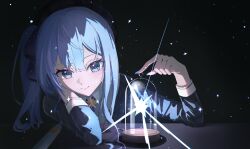  1girl absurdres black_background blue_eyes blue_hair blue_nails collared_shirt fingernails glass hair_between_eyes hair_ribbon highres hololive hoshimachi_suisei long_fingernails long_hair long_sleeves looking_at_viewer maymea pointing ribbon shirt smile solo sparkle star_(symbol) star_in_eye star_ornament symbol_in_eye table translation_request virtual_youtuber white_shirt 
