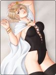  1girl arisen_(dragon&#039;s_dogma) arusha bangle black_panties blonde_hair blue_eyes boots bracelet breasts bustier cape circlet dragon&#039;s_dogma jewelry large_breasts lips lying nose on_back panties scar solo thigh_boots thighhighs underwear 
