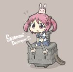  1girl animal_on_head bunny_on_head chibi hair_bobbles hair_ornament kantai_collection machinery open_mouth personification rabbit red_eyes redhead rensouhou-chan sazanami_(kantai_collection) sitting turret twintails yuasan 