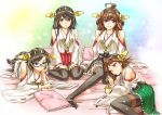  4girls abo_(hechouchou) ahoge black_legwear blue_eyes brown_eyes brown_hair commentary_request detached_sleeves glasses hair_ornament haruna_(kantai_collection) hiei_(kantai_collection) highres japanese_clothes kantai_collection kirishima_(kantai_collection) kongou_(kantai_collection) lap_pillow long_sleeves looking_at_viewer lying miko multiple_girls on_side on_stomach open_mouth pantyhose pillow shirt sitting skirt smile thighhighs wariza wink zettai_ryouiki 