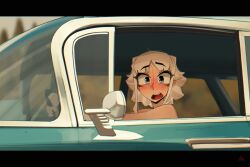  artist_name blush car convertible driving freckles grawlix_(shibansfw) grey_eyes highres letterboxed looking_at_viewer looking_through_window medium_hair meme motor_vehicle original shibansfw sidelocks steering_wheel surprised the_umbrella_academy vanya_and_five_drive_by_each_other_(meme) white_hair 