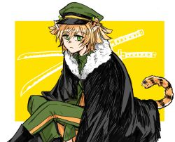 1girl animal_ears between_legs black_boots black_cloak blonde_hair boots border cloak closed_mouth commentary_request crossed_legs daiba_nana feet_out_of_frame from_side fur-trimmed_cloak fur_trim green_eyes green_hat green_jacket green_pants green_ribbon hair_between_eyes hair_ribbon hand_between_own_legs hat highres jacket katana kemonomimi_mode kon_kyk_03 long_sleeves looking_at_viewer looking_to_the_side military_uniform official_alternate_costume outside_border pants peaked_cap ribbon short_twintails shoujo_kageki_revue_starlight sitting solo striped_tail sword tail tiger_ears tiger_girl tiger_tail twintails weapon white_border yellow_background 