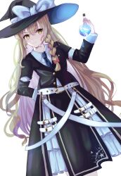  1girl absurdres adapted_costume arm_behind_back belt black_hat black_jacket black_skirt blonde_hair blue_necktie bow braid closed_mouth clothing_request collared_shirt commentary_request dinotodon flask frilled_skirt frills hair_between_eyes hair_bow hat hat_bow highres holding holding_flask jacket kirisame_marisa long_hair necktie red_bow round-bottom_flask shirt single_braid skirt sleeve_cuffs smile solo star_(symbol) star_print too_many too_many_belts touhou very_long_hair white_background white_belt white_bow white_shirt white_skirt wide_brim witch_hat yellow_eyes 