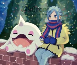  1boy blue_hair blue_mittens blue_pants blue_scarf blurry blurry_background breath can cetoddle christmas commentary_request grusha_(pokemon) holding holding_can jacket koroni_(nkrgs) long_sleeves male_focus mittens pants pokemon pokemon_(creature) pokemon_scarlet_and_violet scarf short_hair sitting snow snowing striped_clothes striped_scarf twitter_username watermark yellow_jacket 