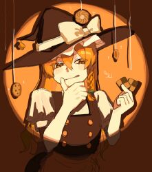  1girl apron black_hat black_skirt black_vest blonde_hair blush bow braid checkerboard_cookie chocolate_chip_cookie commentary cookie food food_request green_bow hair_between_eyes hair_bow hat hat_bow highres holding holding_cookie holding_food horizontal_spotlight imkooooww kirisame_marisa long_hair puffy_short_sleeves puffy_sleeves short_sleeves side_braid single_braid skirt solo tongue tongue_out touhou untranslatable_commentary vest waist_apron white_apron white_bow witch_hat yellow_eyes 