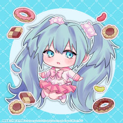  1girl alternate_costume argyle_background blue_background blue_eyes blue_hair blush_stickers bow bubble_skirt candy checkerboard_cookie chibi chibi_only chocolate_donut commentary_request cookie deformed dessert doughnut food hair_ornament hair_scrunchie hatsune_miku highres jelly_bean kinoshita_aki knees_together_feet_apart open_mouth outline pink_bow pink_serafuku pink_skirt school_uniform scrunchie serafuku skirt solo sweets twintails vocaloid white_outline 