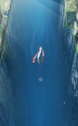  1girl absurdres afloat asteroid_ill bag commentary_request english_text hat highres horsea kingdra lily_pad long_hair lugia milotic overgrown pokemon pokemon_(creature) pokemon_focus ponytail riding riding_pokemon ruins scenery seadra slowpoke squirtle title underwater white_bag wide_shot 