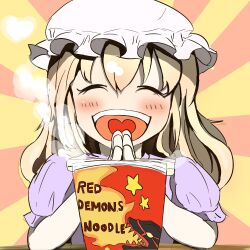  1girl :d blonde_hair blush commentary dress heart heart_in_mouth highres instant_noodles long_hair maribel_hearn open_mouth puffy_short_sleeves puffy_sleeves purple_dress short_sleeves smile solo sunburst sunburst_background teeth touhou upper_teeth_only uwazumi 