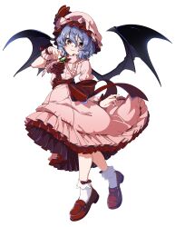  1girl absurdres ascot bat_wings blue_hair brooch closed_mouth commentary_request eyes_visible_through_hair frilled_skirt frills full_body gokuu_(acoloredpencil) hair_between_eyes hat hat_ribbon highres jewelry letterboxed loafers looking_at_viewer medium_hair mob_cap pink_hat pink_shirt pink_skirt pink_wrist_cuffs red_ascot red_eyes red_nails red_shoes remilia_scarlet ribbon ribbon-trimmed_skirt ribbon_trim shirt shoes simple_background skirt skirt_set smile socks solo touhou white_background white_socks wings wrist_cuffs 