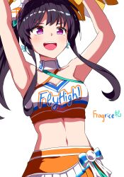  1girl :d absurdres armpits arms_up artist_name blue_bow blush bow bow_earrings breasts cheerleader chinese_commentary commentary cowboy_shot criss-cross_halter detached_collar earrings fragrice hair_ornament halterneck heaven_burns_red highres jewelry long_hair looking_at_viewer medium_breasts navel nikaidou_misato official_alternate_costume official_alternate_hairstyle open_mouth orange_skirt orange_sports_bra pom_pom_(clothes) pom_pom_hair_ornament ponytail sidelocks simple_background skirt smile solo sports_bra stomach teeth two-tone_skirt two-tone_sports_bra upper_teeth_only v-shaped_eyebrows violet_eyes white_background white_skirt white_sports_bra 