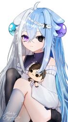  1girl absurdres ahoge animal_ears aquwa asymmetrical_legwear black_eyes blue_hair braid chiyukiarts closed_mouth hair_ornament heterochromia highres indie_virtual_youtuber long_hair mismatched_legwear mole mole_under_eye multicolored_hair sitting split-color_hair sweater two-tone_hair violet_eyes virtual_youtuber white_background white_hair white_sweater 