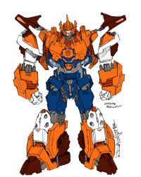  1boy alex_milne autobot character_name clenched_hands concept_art front-end_loader male_focus mecha official_art orange_eyes robot rollout_(transformers) signature standing the_transformers_(idw) transformers wheel white_background 