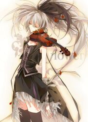  1girl black_hair black_skirt black_thighhighs closed_eyes cowboy_shot cropped_jacket flower_(vocaloid) flower_(vocaloid3) highres instrument long_hair multicolored_hair simple_background skirt sleeveless sleeveless_jacket solo thigh-highs two-tone_hair um1227_l vest violin vocaloid white_background white_hair 
