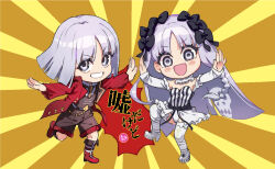  1boy 1girl blush boots breasts chibi coat fate/grand_order fate/strange_fake fate_(series) francesca_prelati_(fate) francois_prelati_(fate) full_body grey_eyes grey_hair leotard long_hair looking_at_viewer outstretched_arms ringed_eyes rori_chuushin shorts small_breasts smile spread_arms very_long_hair 