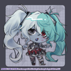  1girl arm_tattoo bandages black_boots black_dress blood blood_on_bandages blood_on_face blue_hair blue_tongue boots chibi chibi_only colored_skin colored_tongue commentary_request crossed_bangs dithered_background dress frilled_dress frills full_body gloves goth_fashion grey_background grey_eyes grey_necktie grey_skin grid_background hair_ornament hatsune_miku heterochromia highres horror_(theme) jewelry kinoshita_aki layered_dress messy_hair multicolored_hair necktie open_mouth outside_border outstretched_arms plus_sign red_eyes silver_thighlet sleeveless sleeveless_dress solo sparkle tattoo teeth thigh_boots thighlet tie_clip torn_boots torn_clothes torn_dress torn_gloves two-tone_hair vocaloid watermark white_hair zombie zombie_(vocaloid) zombie_pose 