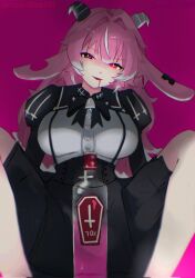  +_- 1girl alcohol animal_ears asymmetrical_horns backward-facing_horns bell_bow blush bottle breasts colored_saliva dress drunk femme_soule goat_ears goat_horns heterochromia highres horns katalashka large_breasts long_hair long_sleeves looking_at_viewer mismatched_horns notched_ear open_mouth pukey_goddess_shot_trick shirt simple_background sitting skirt smile solo solo_focus vomit_on_clothes 
